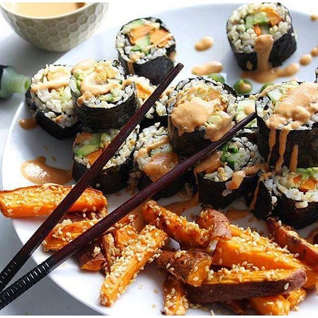 Brown Rice Sushi With Sesame Crusted Sweet Potato + Secret Sauce
